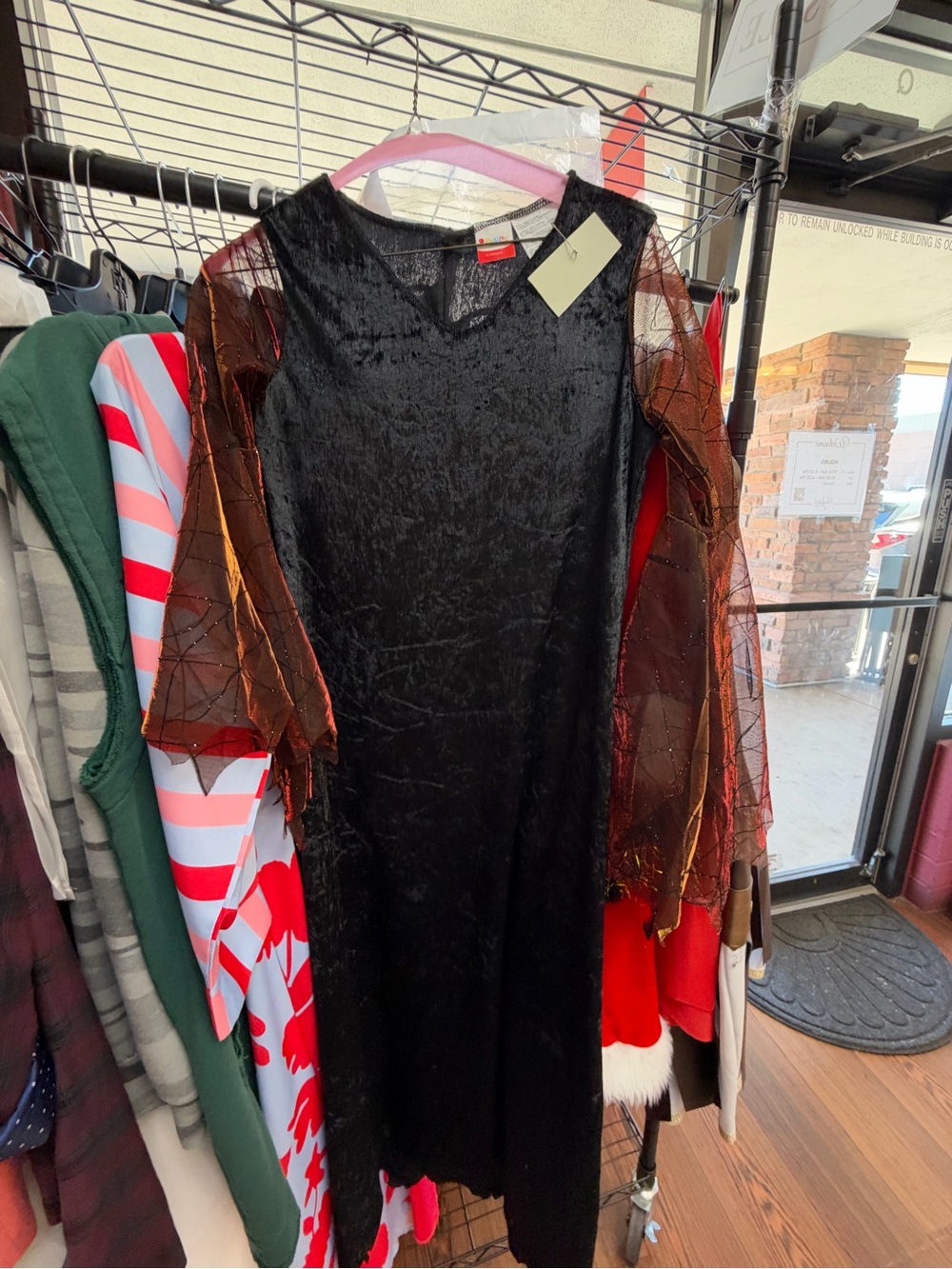 Black Velvet Dress with Sheer Rust-Orange Sleeves